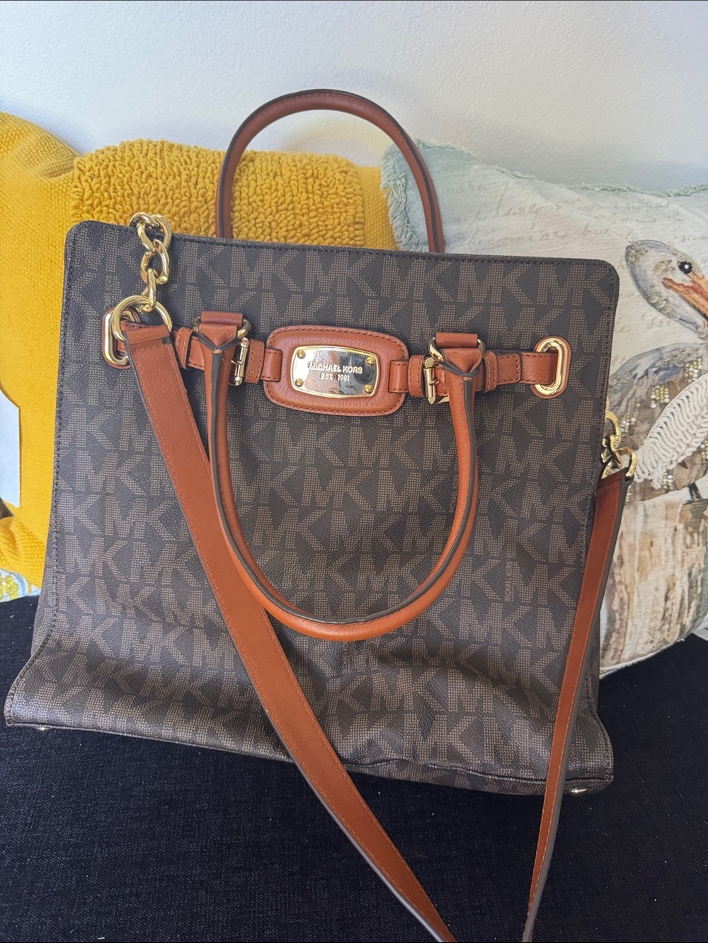 Michael Kors Brown MK Logo Tote with Tan Leather Trim
